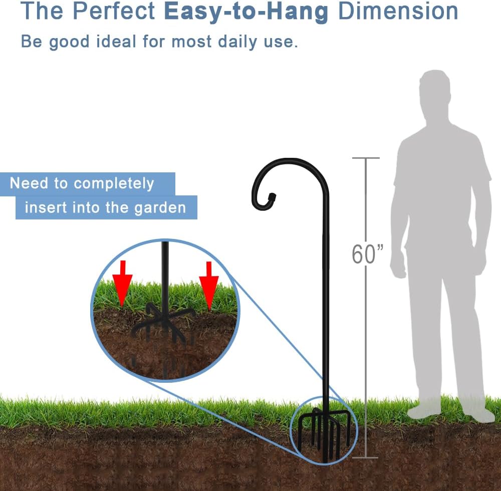 60 inch Outdoor Shepherd Hook with 7 Prong Base (2 Packs), Adjustable Heavy Duty Garden Hanging Stake for Bird Feeder