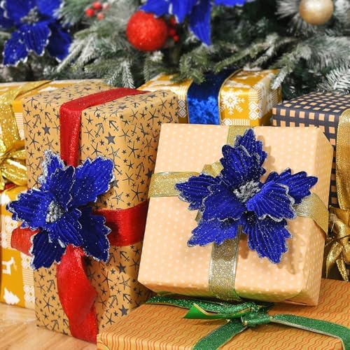 10 PCS Glitter Poinsettias, 8.7" Artificial Christmas Flowers, Royal Blue