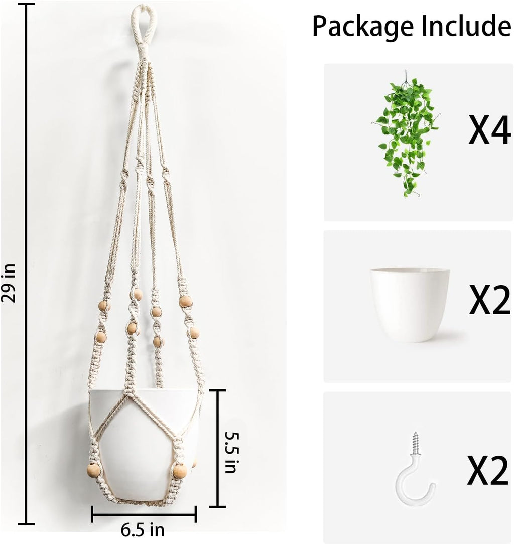 Comtelek 2 Packs Fake Hanging Plant with Pots for Home Decor Artificial Hanging Basket Plants Macrame Plant Hanger with