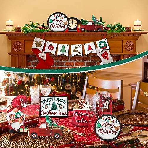 Fairysandy 15 Pcs Christmas Tiered Tray Decor, Rustic Farmhouse Gnome Sign