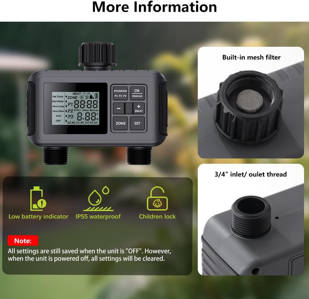 Uzoli 2-Zone Sprinkler Timer for Garden Hose, Programmable Water Timer | Automatic & Manual Mode, Rain Delay, IP55
