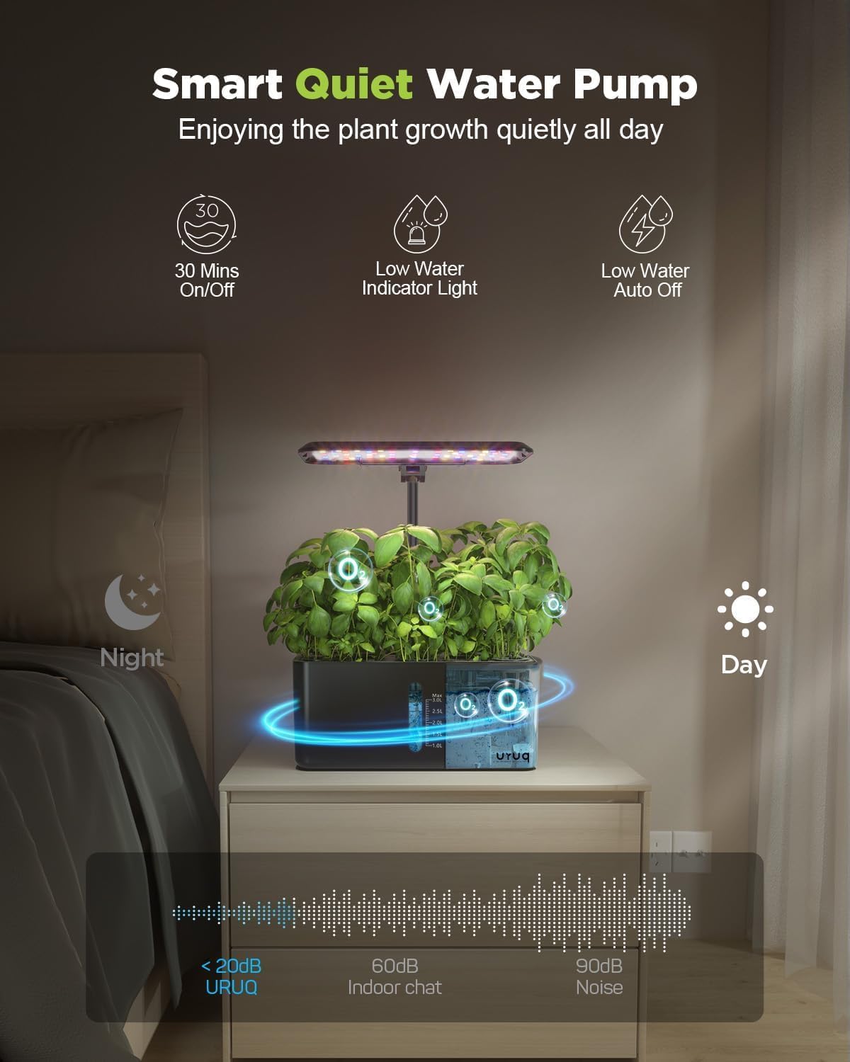 URUQ 8 Pods Hydroponics Growing System with LED Grow Light - Black | Quiet Water Pump, Automatic Timer, Adjustable