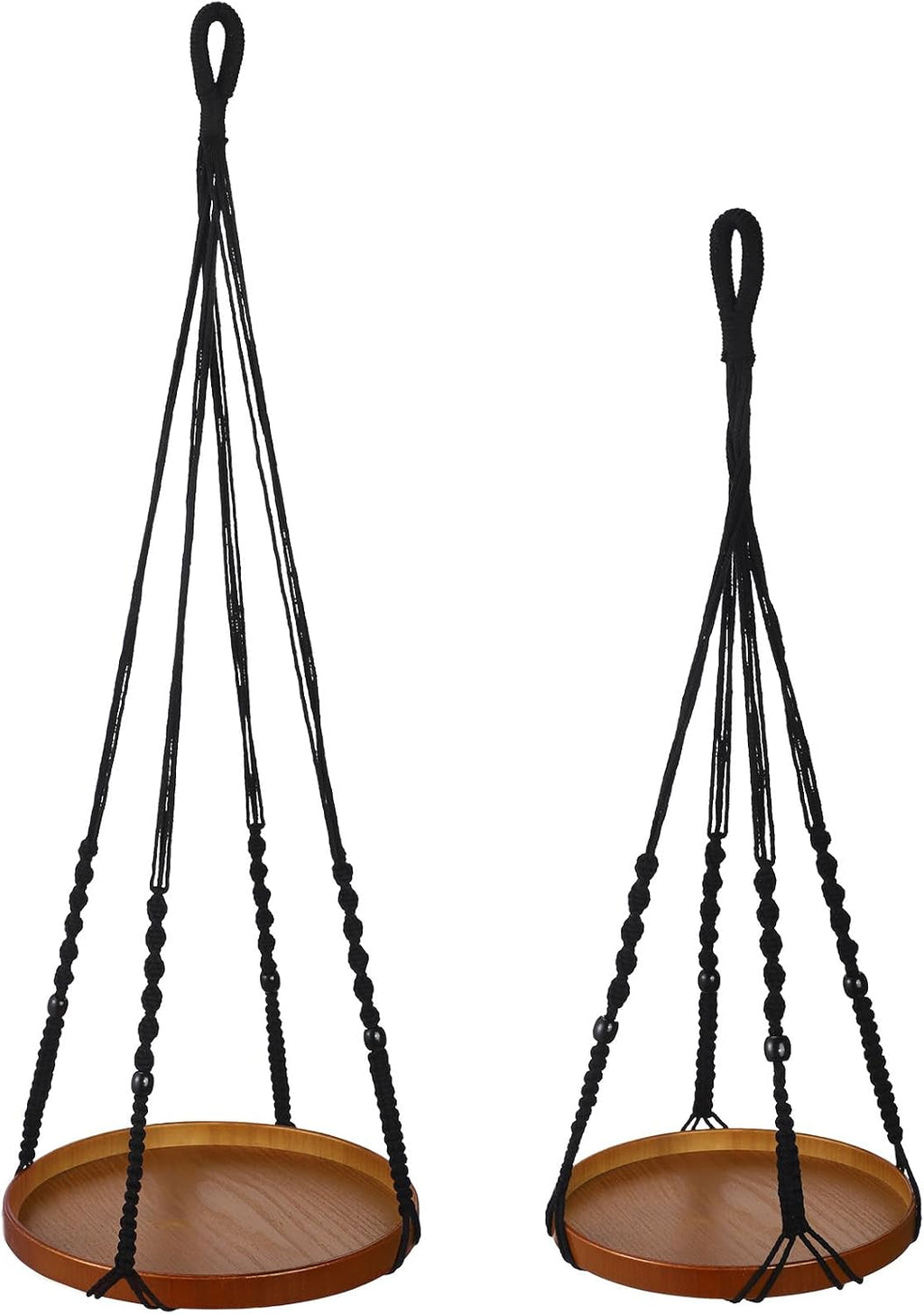 2 Pack Macrame Plant Hanger, 41'' & 32'' Plant Hanger Indoor Set with 12'' & 9.8'' Wood Trays, Bohemian Hanging Planter