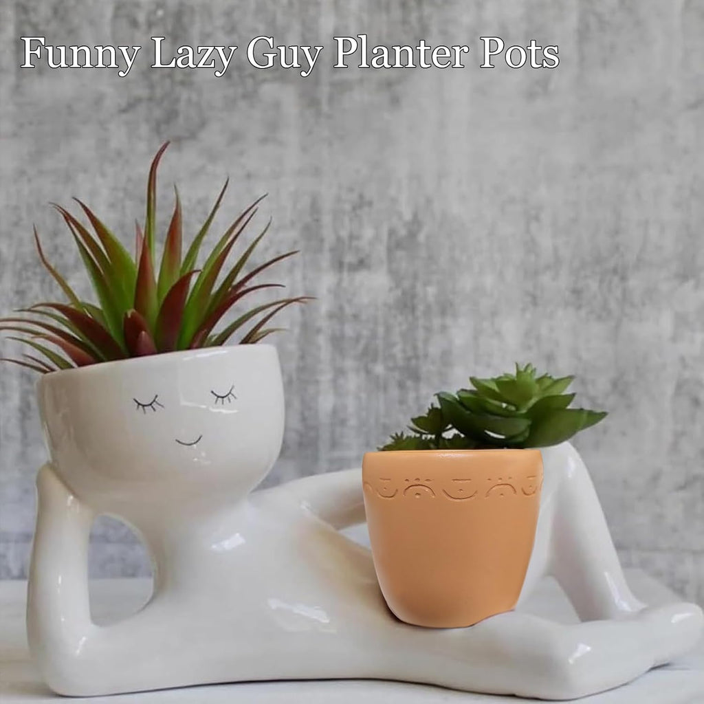Lazy Guy Funny Plant Pots, Cute Smily Face Planter Pot with Drainage Hole | Goofy Garden Planter, Unique Cactus Plant