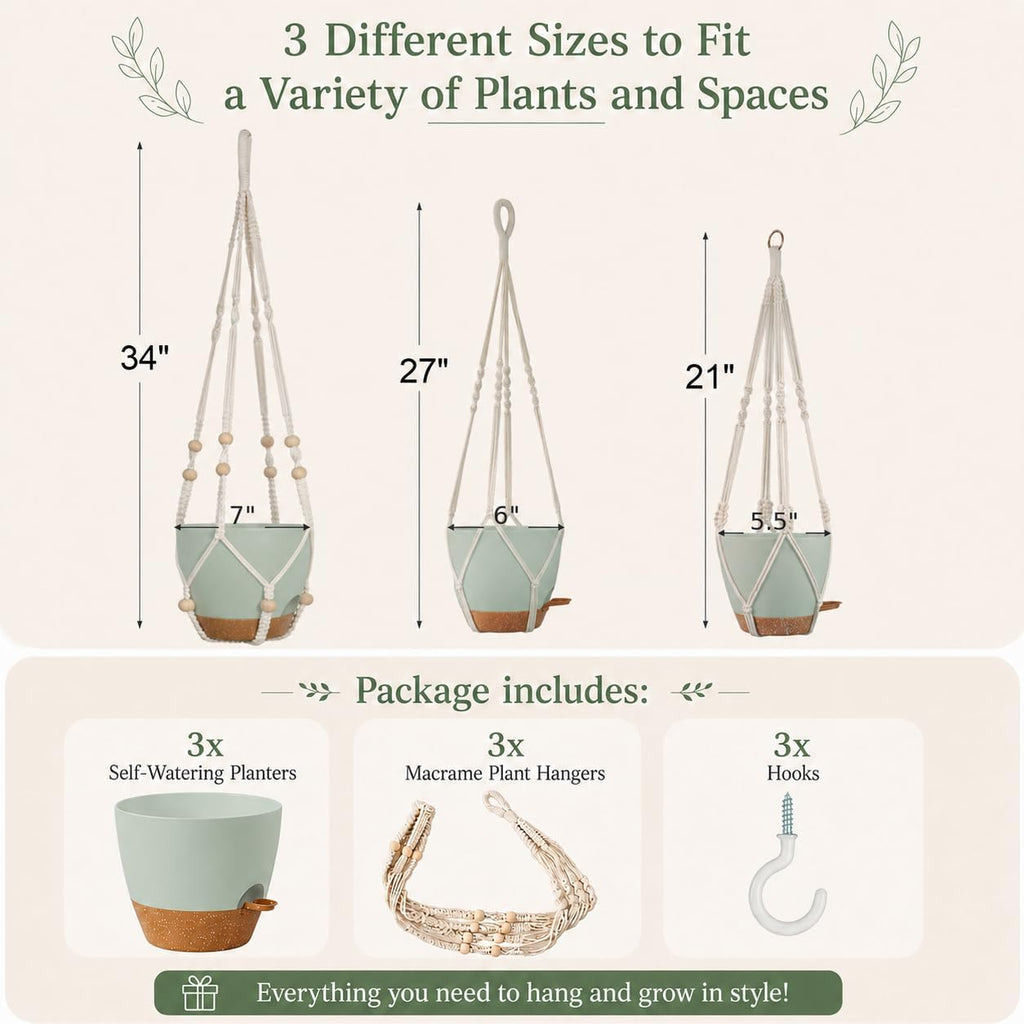 Bouqlife Self Watering Hanging Planters for Indoor Plants 3 Pack Macrame Plant Hangers with Drainage Holes Pots and
