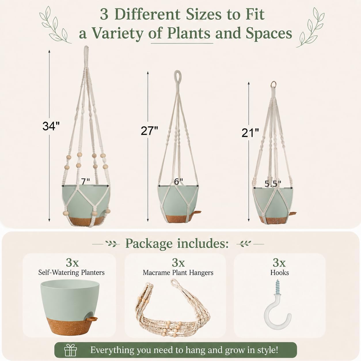 Bouqlife Self Watering Hanging Planters for Indoor Plants 3 Pack Macrame Plant Hangers with Drainage Holes Pots and