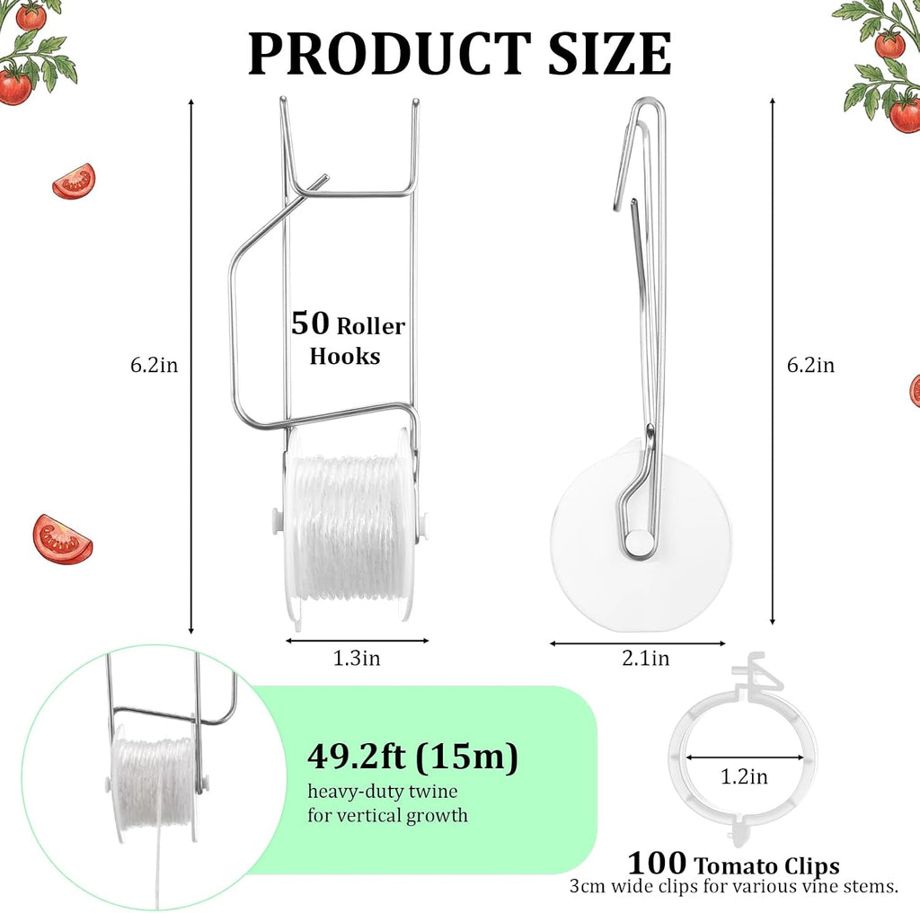 Novabright 50 Pack Tomato Support Hooks with 49 Feet String and 100 Pcs Clips Greenhouse Trellis Roller Tomato Hooks