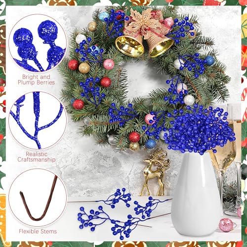 24PCS Blue Berry Stems 7.08in Christmas Tree Decorations Holly Berry Picks