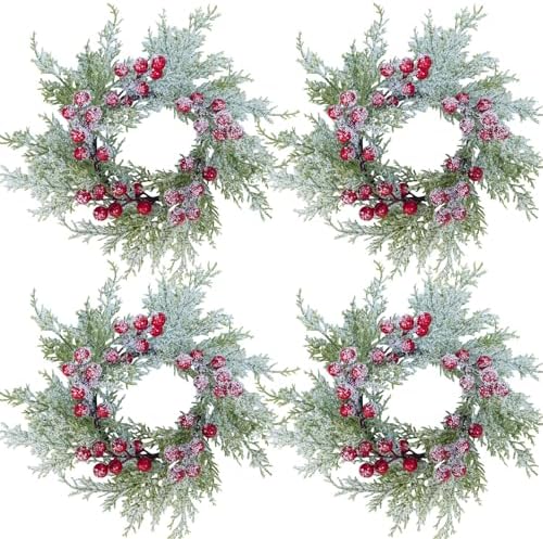 Winlyn 4 Pcs Artificial Snowy Cedar Candle Rings Red Berry Christmas Candle Holder Wreath Rings Mini Snowy Christmas Wreaths Faux Cedar Twigs Wreath 12.2” Wide for Winter Wedding Holiday Table Décor