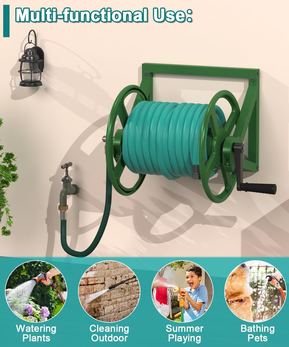 Garden Hose Reel Wall Mounted, Outdoor Heavy Duty Powder Coated Metal Water Hoses Holder Winder Holds 125 ft 5/8" Hoses