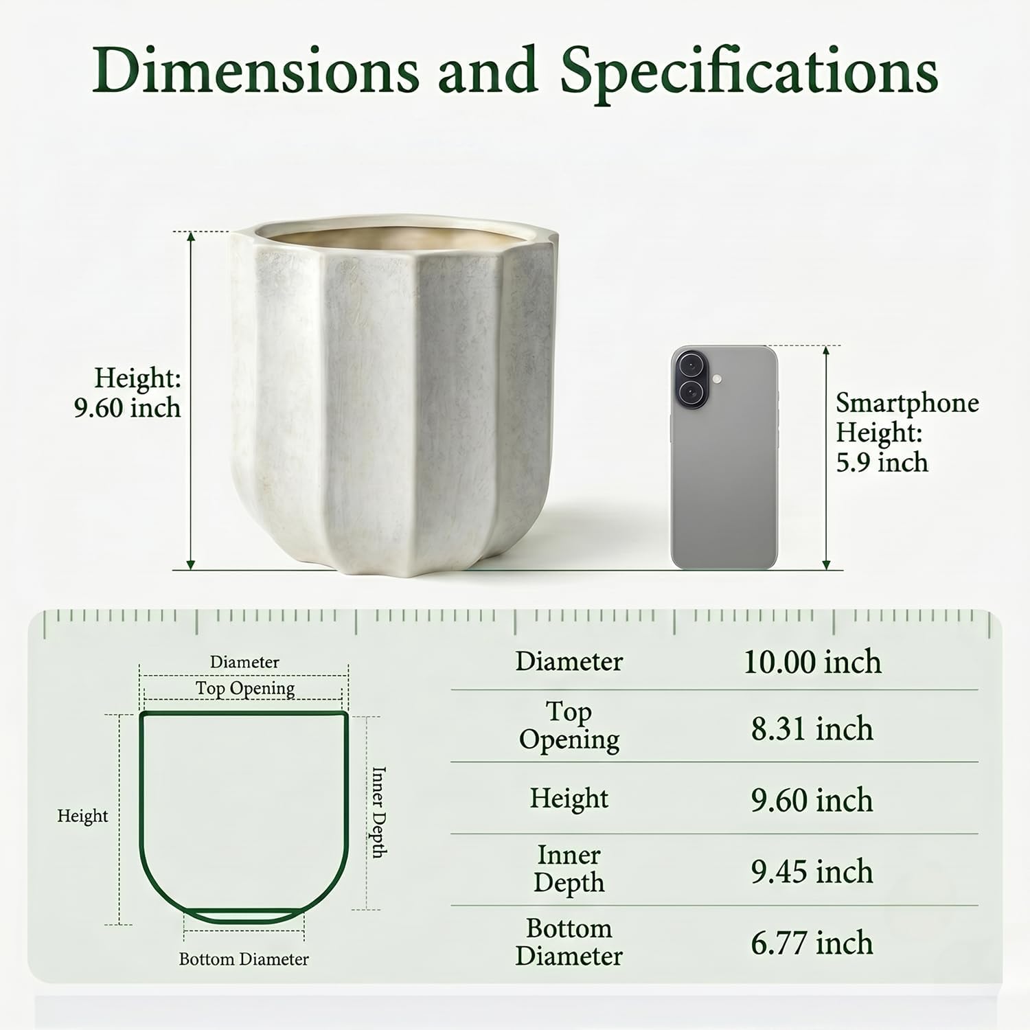 10 Inch Ceramic Plant Pot for Indoor Plants with Drainage Hole | Hand-painted antique white ceramic planters for indoor