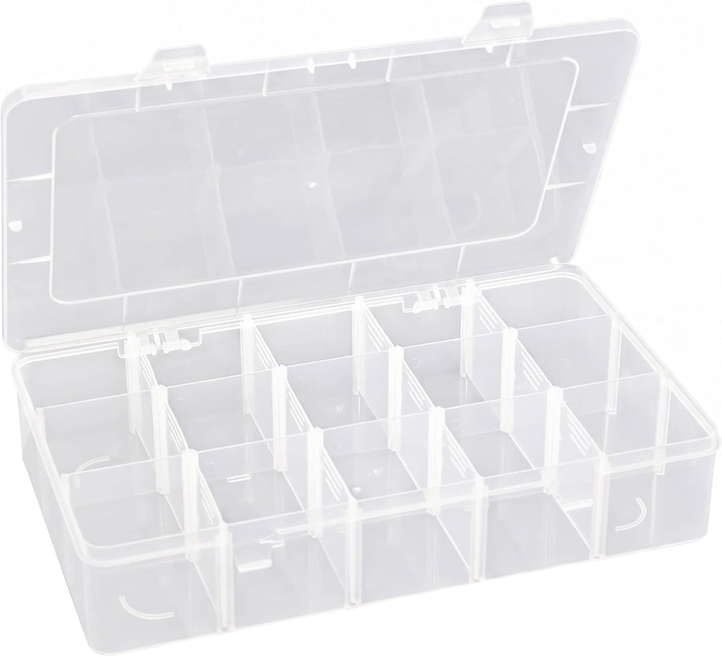 Hlotmeky Plastic Organizer Box with Dividers Bead Organizer 15 Large Grids Tackle box Organizer Clear Snackle Box Container