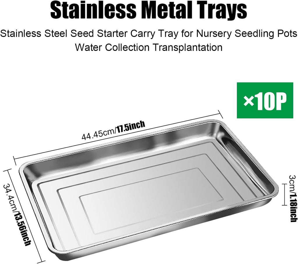 RooTrimmer 10 Pack Large Stainless Steel Seedling Trays, Heavy Duty Metal Water Catch Trays for Nursery Pots