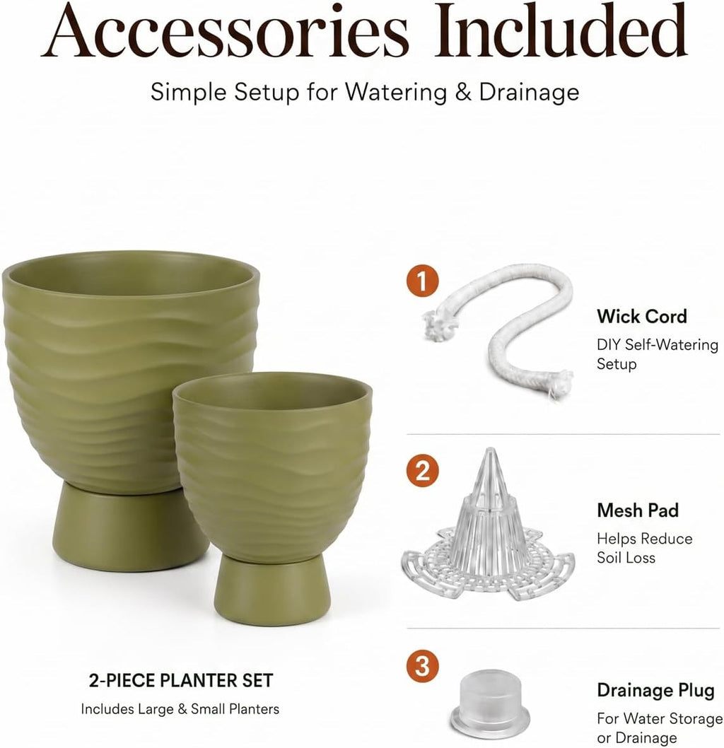 Green Terracotta Self Watering Plant Pots, 6 and 8 Inch with Saucers | Small and large clay flower pots with drainage