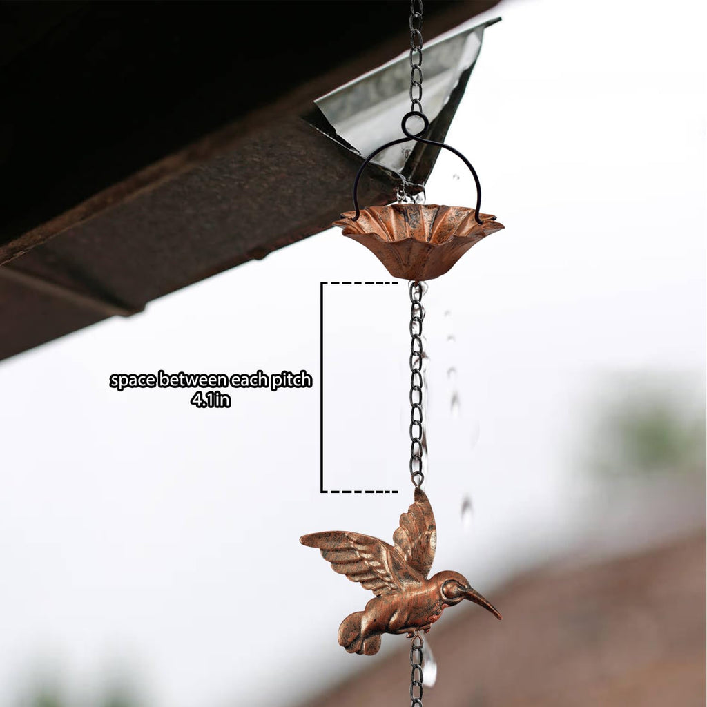8.5Ft Copper Rain Chains for Gutters | Lotus Rain Catcher Chain for Gutters Outside with Adapter, Hummingbird and Cup