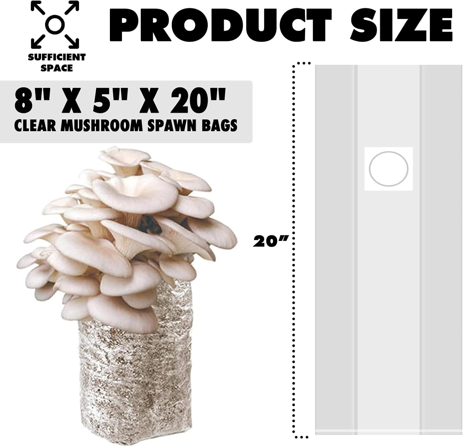 TonGass Autoclavable Mushroom Grow Bags Bulk with Microporous Filter Patchs | 60-Pack Large 8"x5"x20" Extra Thick 80