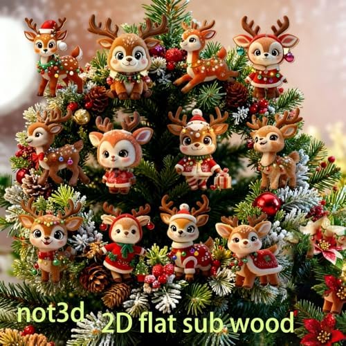 24 Pcs Cute Reindeer Christmas Tree Hanging Ornaments 2D Flat Wooden Pendant Ornament Xmas Cartoon Elk Christmas Hanging Ornaments for Home Holiday Party DIY Decoration