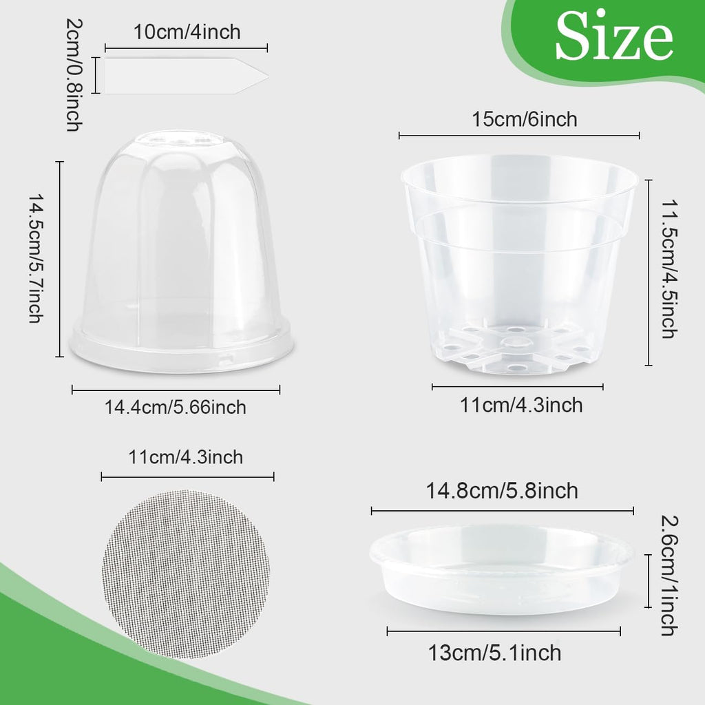 BTPLASTIK 6 Inch Clear Nursery Pots with Humidity Domes 15 Pack, Transparent Plastic Plant Pot with Drainage Holes and
