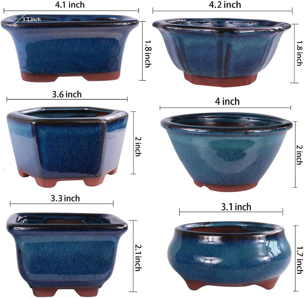 MUZHI 6PACK Glazed Bonsai Pot Planter 3" 4” Small Succulent Pots, Yixing Zisha Decorative Mame Bonsai Training Pot or
