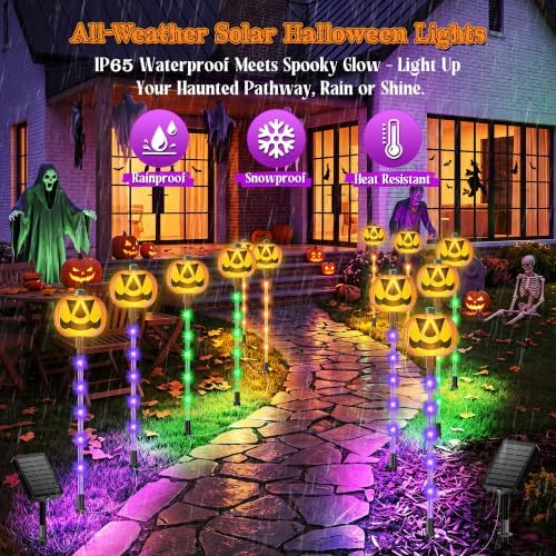 Upgraded Solar Pumpkin Lights Outdoor Halloween Decorations, 12 Pack