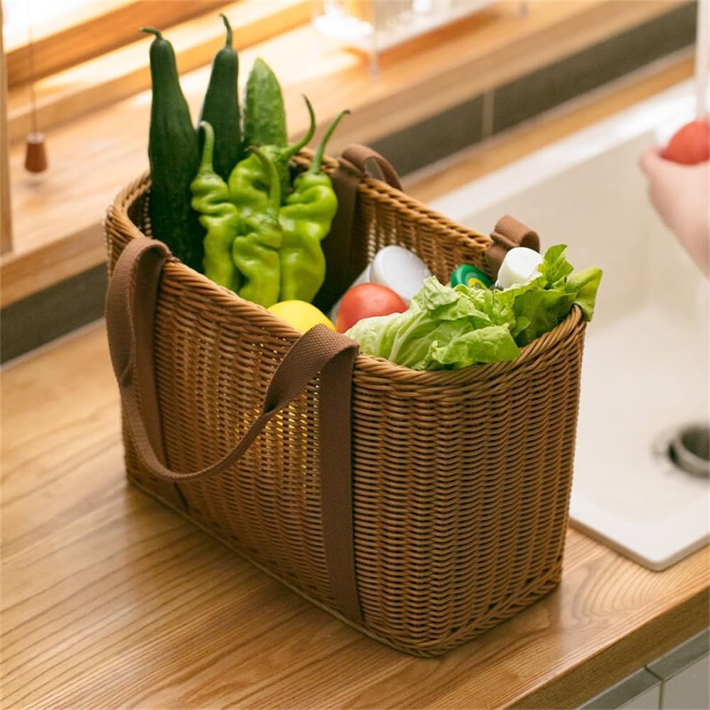 Wicker Shopping Basket with Handles – Reusable Handwoven Market Basket for Groceries, Farmers Market, Foraging, Picnic
