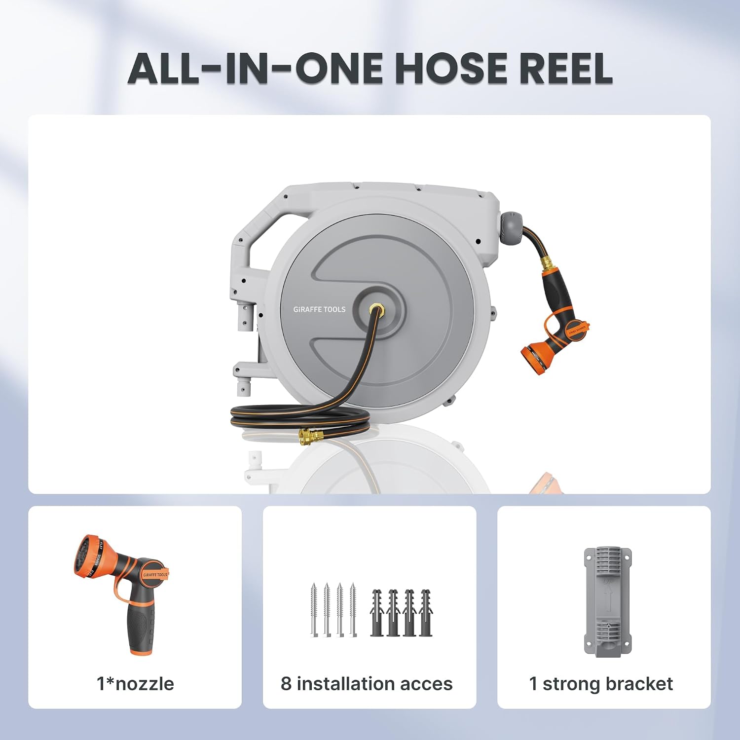 Giraffe Tools Retractable Garden Hose Reel 1/2"130FT Wall Mount Light Grey | Any Length Lock,Auto Rewind System,180°