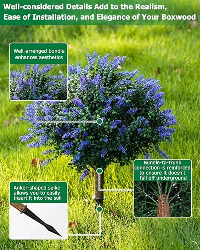 27.55'' Artificial Lavender Topiary Trees, 2 Sets Faux Boxwood Topiary with Spikes,Fake Shrubs Plants for Outdoor Planters, UV Resistant Round Topiary Bush Pot Filler for Front Porch Garden Home Decor
