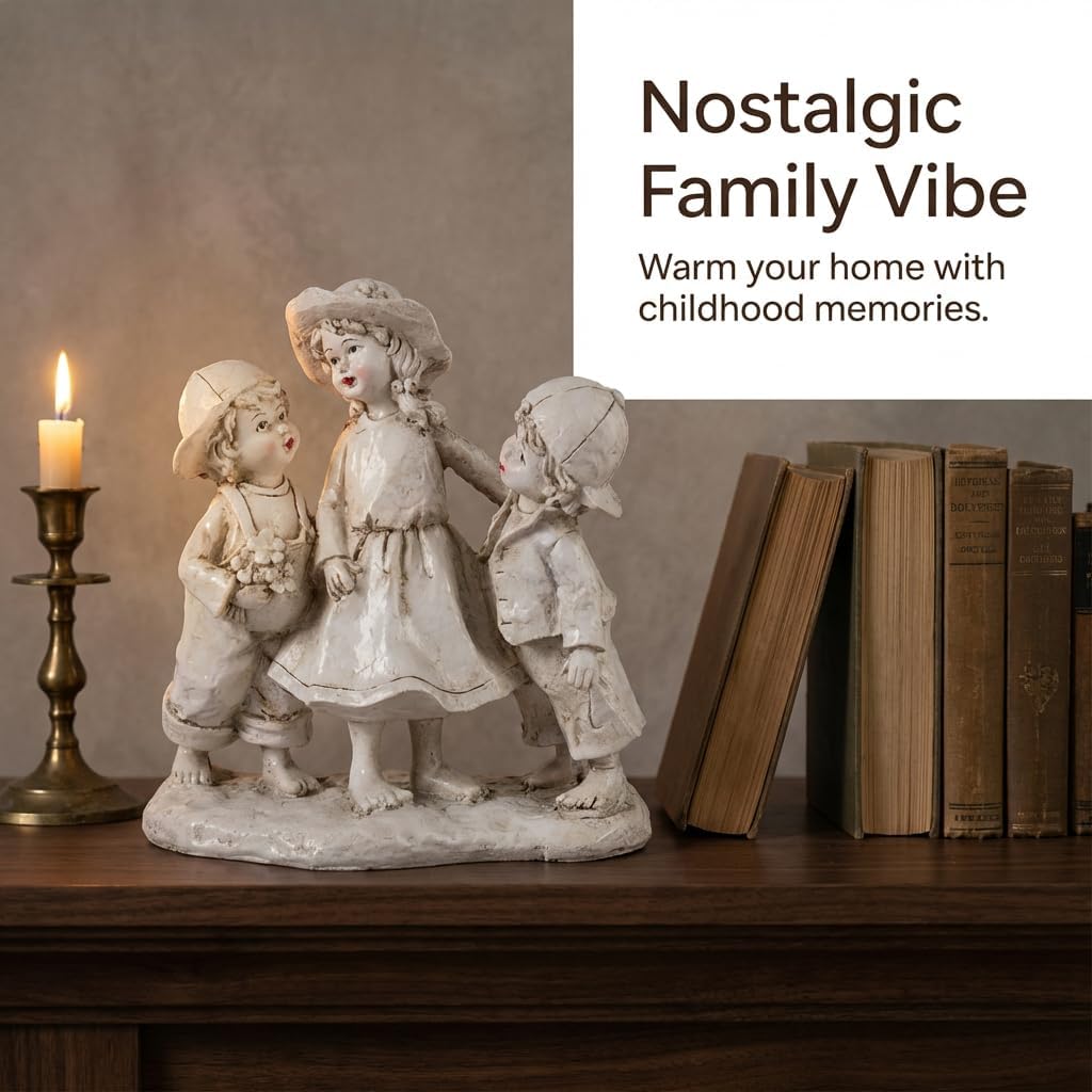 Garden Statues Three Children Figurine Vintage Family Sculpture White Distressed Resin Outdoor and Indoor Garden