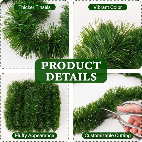 2Pcs 50FT Green Christmas Garland Decorations, Christmas Artificial Pine Greenery Garland Outdoor Indoor Decor, Straight Faux PVC Soft Garland for Stairs Railing Fireplace Window Christmas Decor