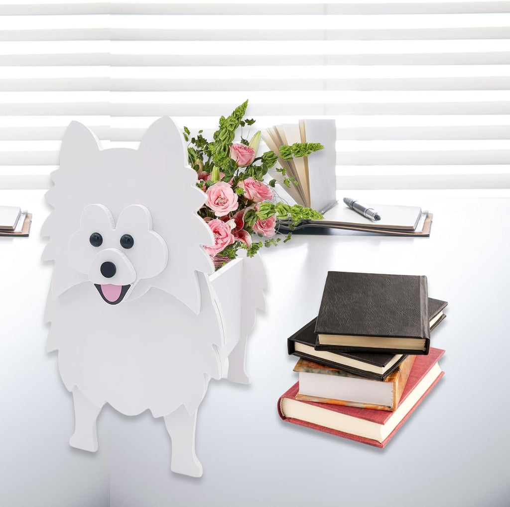 White Pomeranian Dog Planter Pots, Animal Shaped Flower Pot | Cute Plant Gift for Women and Pet Lovers, Indoor Outdoor