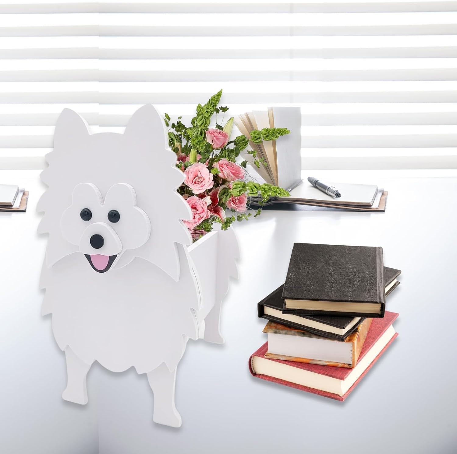 White Pomeranian Dog Planter Pots, Animal Shaped Flower Pot | Cute Plant Gift for Women and Pet Lovers, Indoor Outdoor