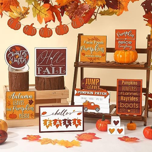 FairySandy 14 Pcs Fall Tiered Tray Decor Set Farmhouse Thanksgiving Pumpkin Hello Fall Decorations Rustic Truck Spice Blocks Autumn Wooden Sign for Home Shelf Festival Party Decor