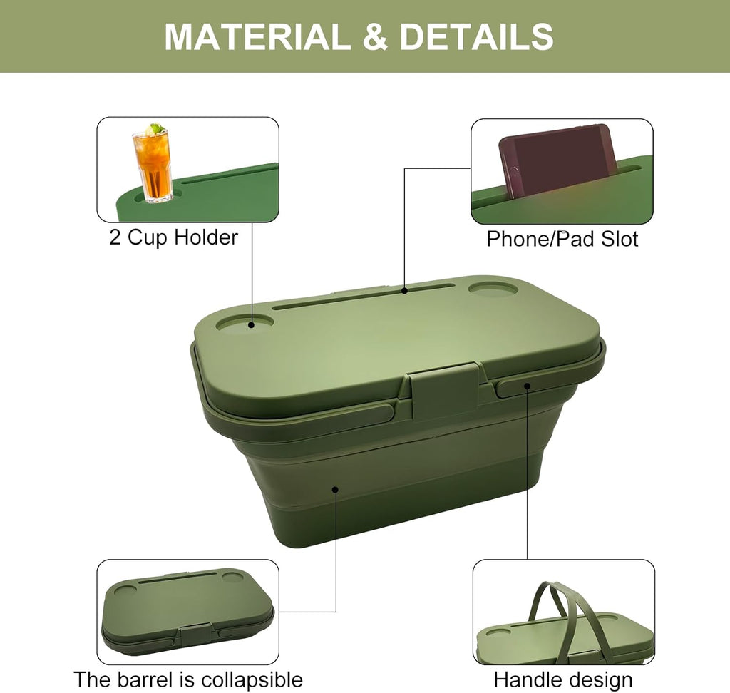 Foldable Picnic Basket Car Trunk Organiser Green | Large Capacity Camping Folding Basket with Table Can be used as Ice