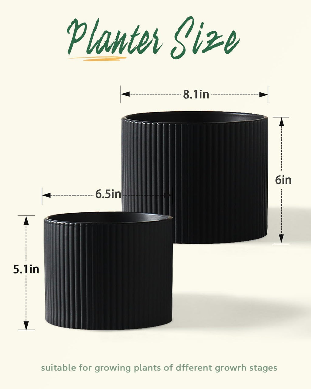 Matte Black Ceramic Plant Pots, 8.1 + 6 Inch Planters for Indoor Plants, Modern Flower Pots with Drainage, Two-Sizes Set