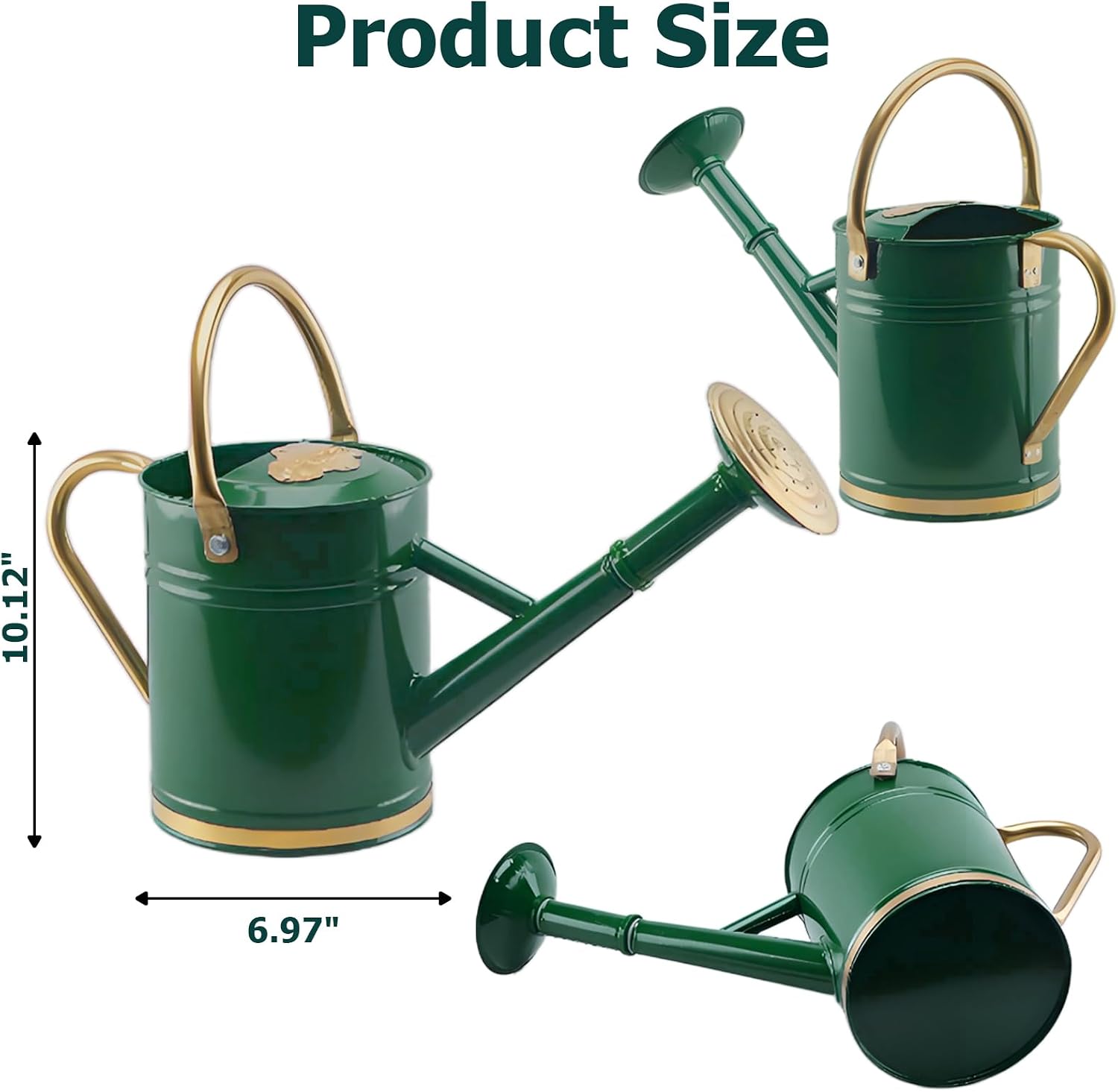 1 Gallon Green Metal Watering Can with Solid Brass Accents | Solid brass top and side handles, removable watering rose