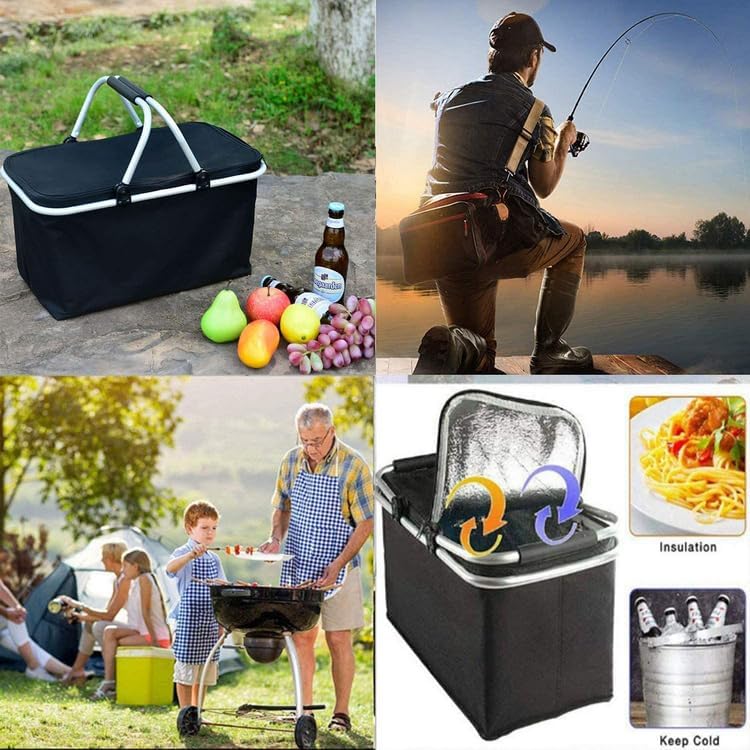 Foldable Insulated Picnic Basket 30L 31.7 QT Large Capacity Cooler Tote with Double Handles Thermal Shopping Basket for