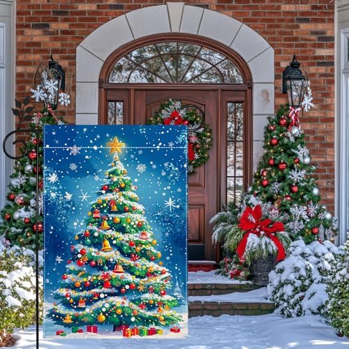 Winter Christmas Tree Garden Flag for Outside, Snowflake Xmas Ball Welcome Christmas Yard Flag 12x18 Inch Double Sided Burlap Holiday Farmhouse Home Decoration Outdoor Flag