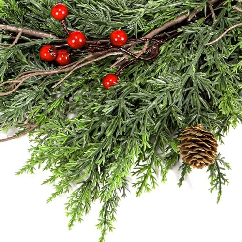 ENVEN Faux Cedar Christmas Garland with Red Berries & Pine Cones – Full Faux Winter Greenery for Holiday Mantel, Staircase, Doorway, Indoor Outdoor Christmas Décor (6FT-Lush Cedar)