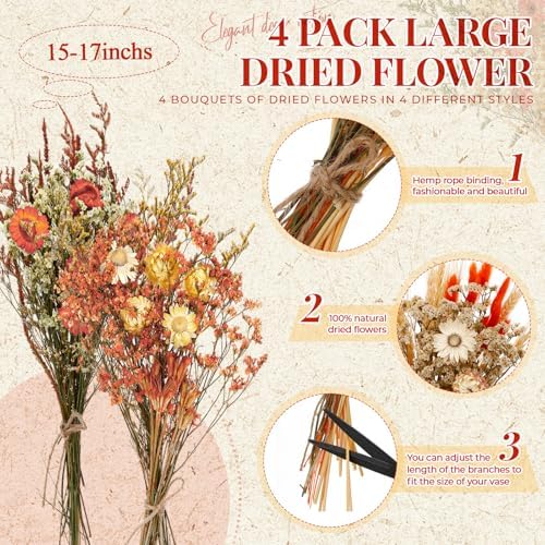 Layhit 4 Pack Large Size Boho Dried Flowers 15-17 Inch, Gerbera Daisy