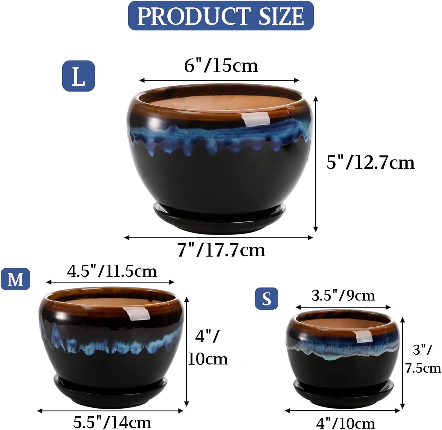 AVLA 3 Pack Ceramic Flower Pots, Gardening Drip Glazed Planter, Plant Pot with Drainage Hole and Saucer, 7/5/4 Inch