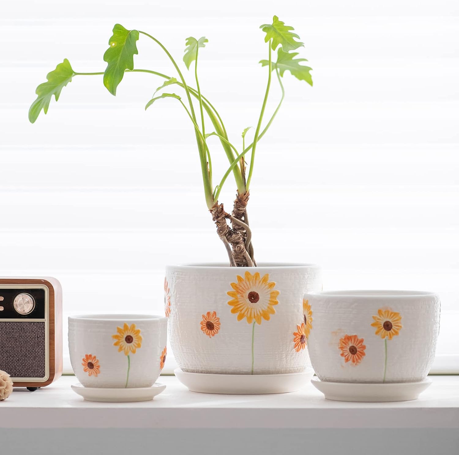 Ceramic Plant Pots,Sunflower Planters with Drainage Holes & Matching Saucer | Ceramic Flower Pot for Indoor Plants