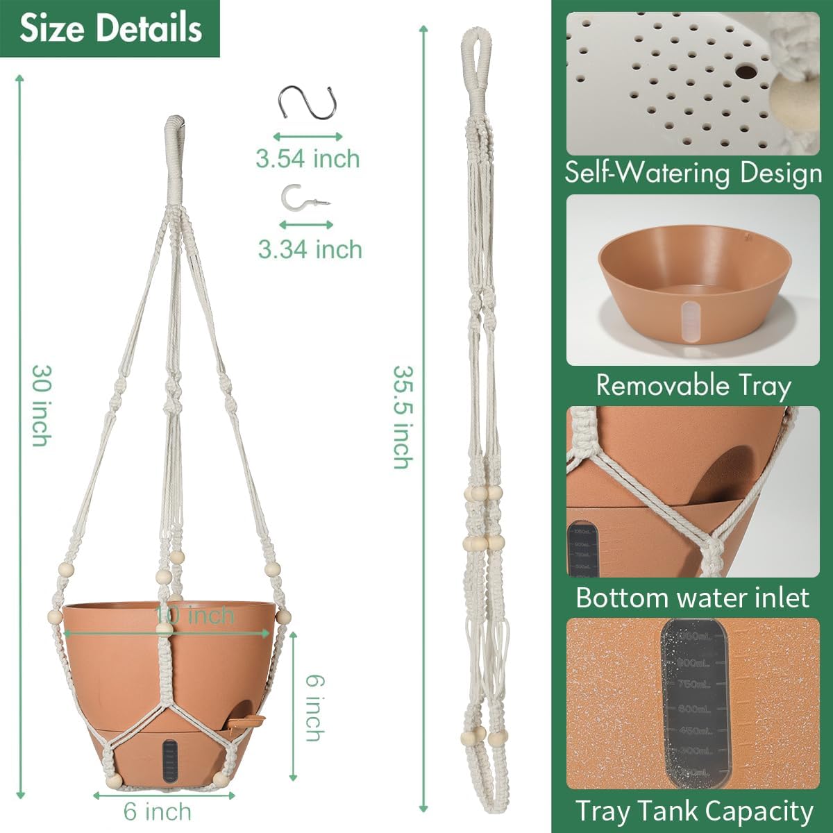 Self-Watering Hanging Planters for Indoor Plants Set 2-Piece Includes Plant Hanging Pot, Drainage-Hole Hanging Pot, and