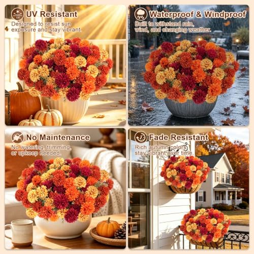 12 PCS Artificial Fall Flowers for Outdoors, UV Resistant Fake Mums