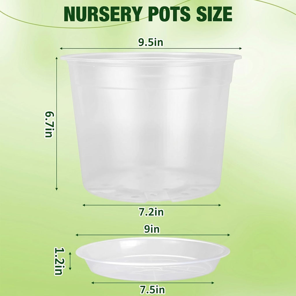 10 Inch Clear Nursery Pots with Drainage Holes and Saucers, 5 Pack Large Clear Pots for Plants Variety Pack, Seedling