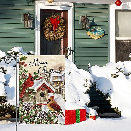 Merry Christmas Garden Flag Cardinal Red Bird House Welcome Winter Flags 12x18 Inch Double Sided Burlap Snow Banner for Winter Holiday Xmas Yard Outdoor Decoration(ONLY FLAG)