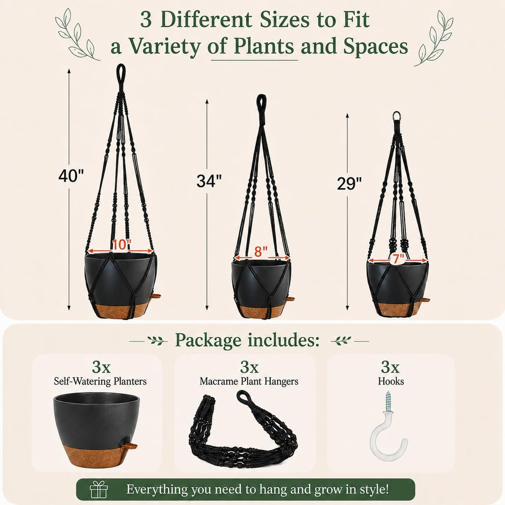 3 Pack Large Hanging Planters for Indoor Plants with Macrame Plant Hangers | 10/8/7 Inch Self Watering Pots with