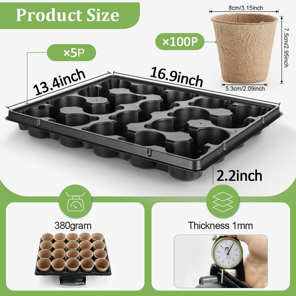 RooTrimmer 3.15 Inch Peat Pots 100 Pcs with 20 Cell Seedling Trays 5 Pcs, Biodegradable Seed Starter Pots with