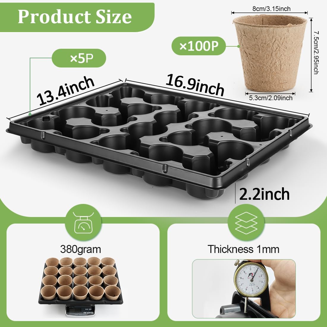 RooTrimmer 3.15 Inch Peat Pots 100 Pcs with 20 Cell Seedling Trays 5 Pcs, Biodegradable Seed Starter Pots with