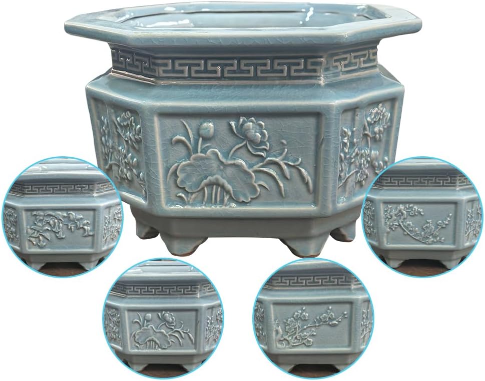 8-Inch Large Octagon Bonsai Pot Light Blue Water Glaze | Ceramic, Handmade,Ceramic Flower Pot, Handmade