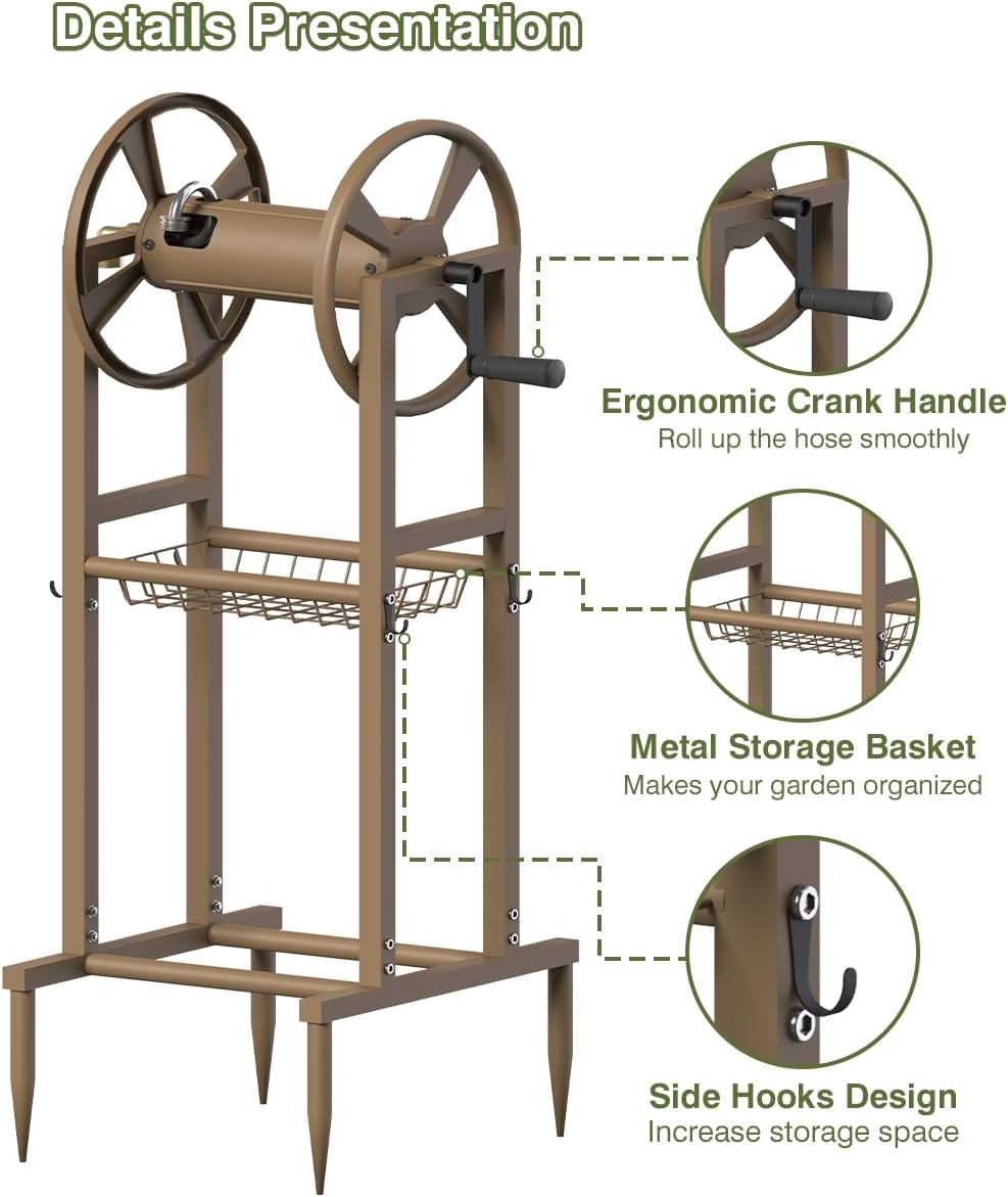 Freestanding Garden Hose Reel holds 125ft Hose of 5/8" with 4 Hooks, 4-Spike Outdoor Hose Holder with 3.9ft Leader Hose